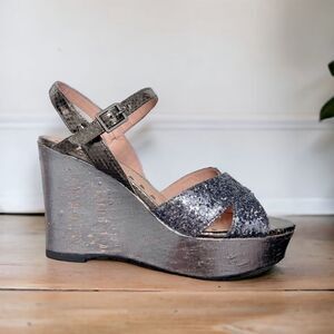 LIBBY EDELMAN Willow Wedge Glitter Platform Sandals in Pewter Size 6.5